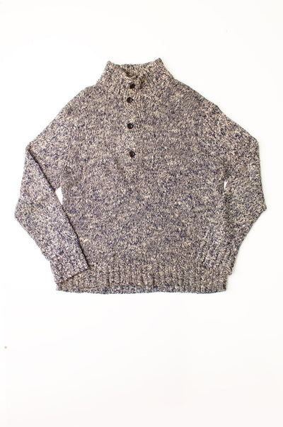 Polo Ralph Lauren high neck chunky knit navy blue and white melange jumper with buttons 1/3 way down.   